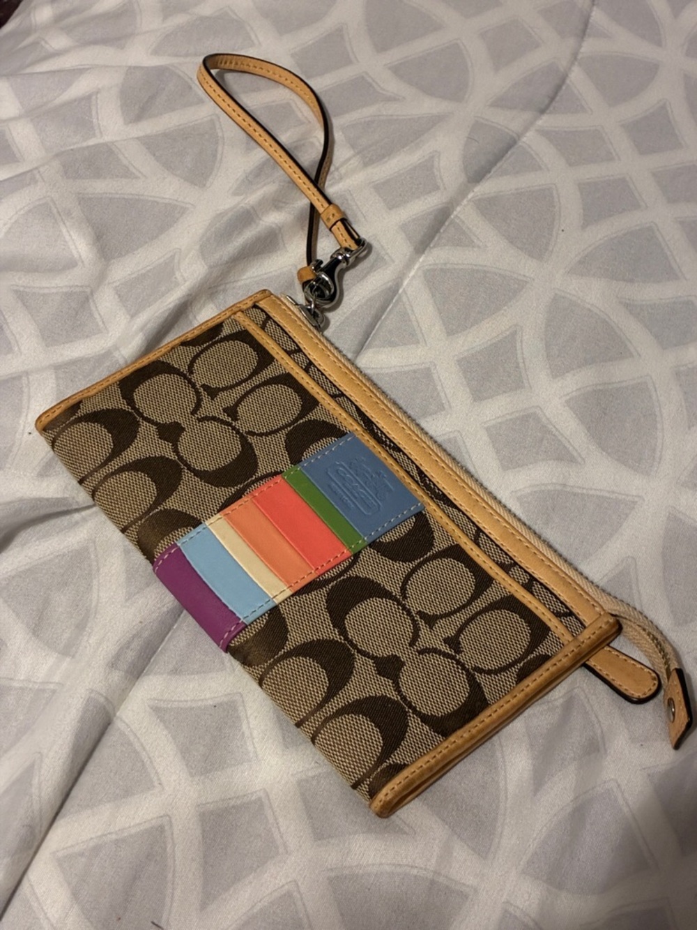 Coach Brown Signature Canvas Wristlet with Rainbow Stripe